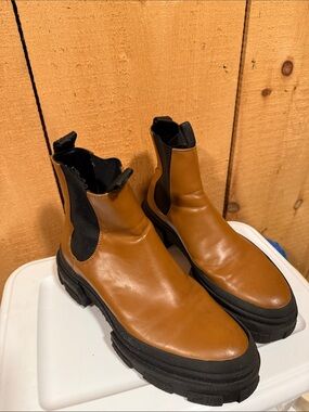 Zara Brown Leather Chelsea Boots with Black Elastic Panels